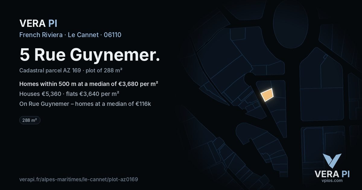 5 Rue Guynemer, Le Cannet at night – the plot lit, the parcels around coloured by the prices near them