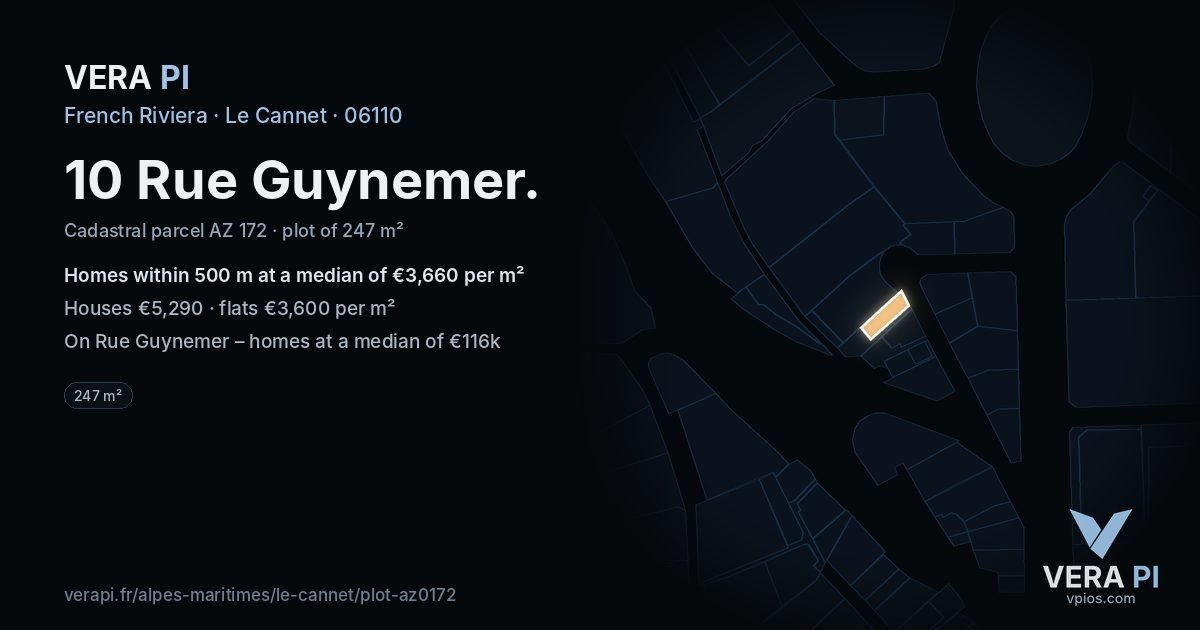 10 Rue Guynemer, Le Cannet at night – the plot lit, the parcels around coloured by the prices near them