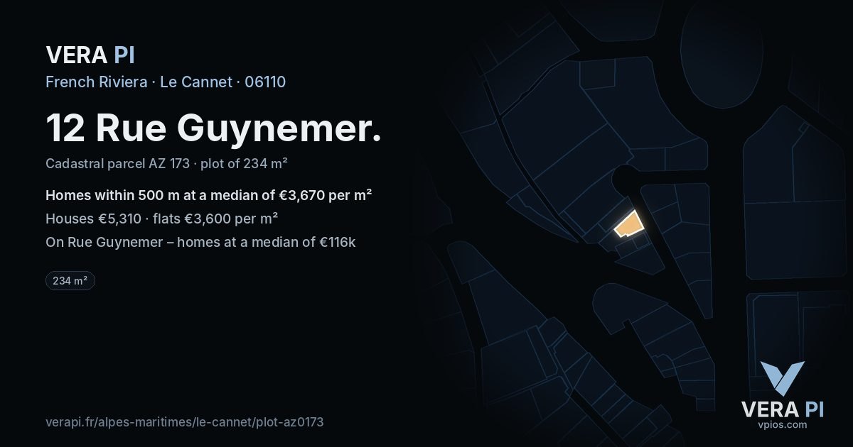 12 Rue Guynemer, Le Cannet at night – the plot lit, the parcels around coloured by the prices near them