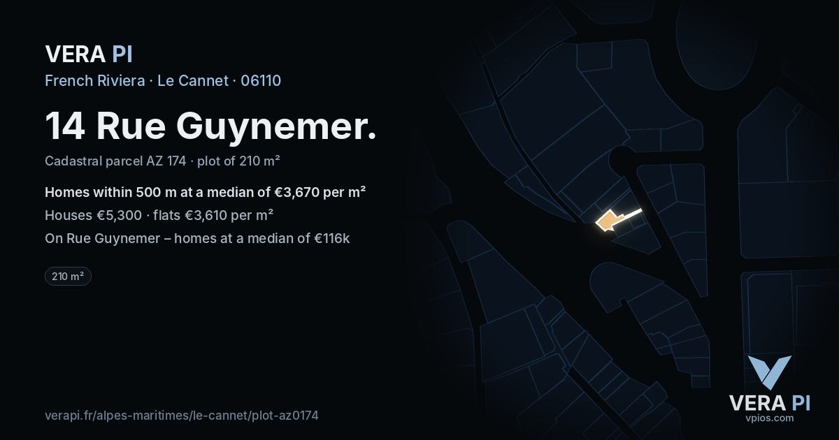 14 Rue Guynemer, Le Cannet at night – the plot lit, the parcels around coloured by the prices near them