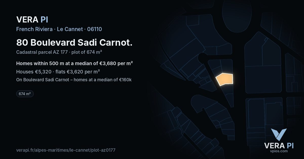 80 Boulevard Sadi Carnot, Le Cannet at night – the plot lit, the parcels around coloured by the prices near them