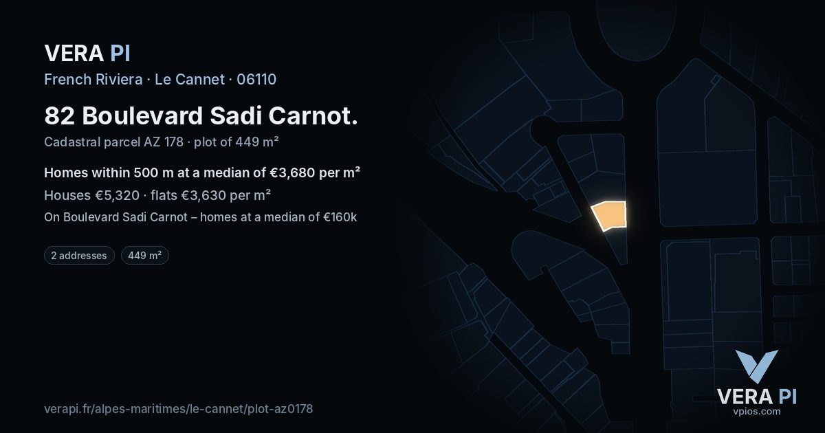 82 Boulevard Sadi Carnot, Le Cannet at night – the plot lit, the parcels around coloured by the prices near them