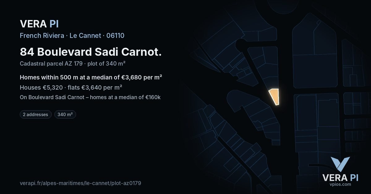 84 Boulevard Sadi Carnot, Le Cannet at night – the plot lit, the parcels around coloured by the prices near them