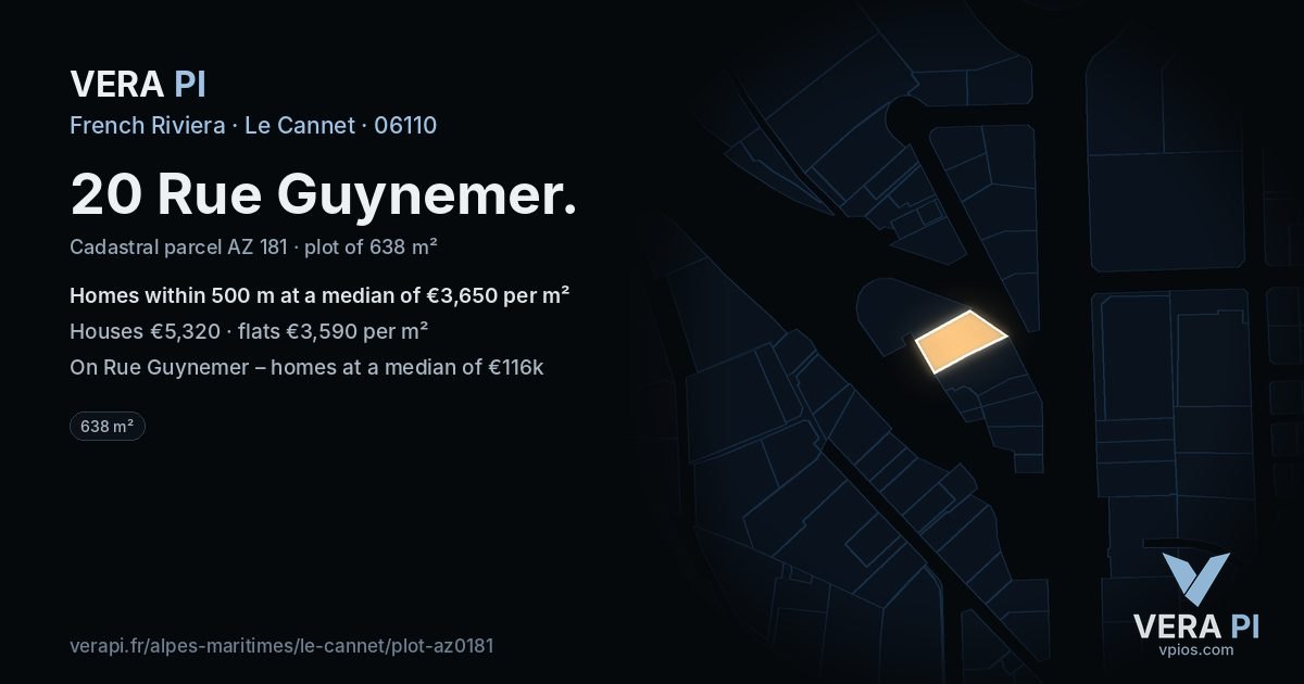 20 Rue Guynemer, Le Cannet at night – the plot lit, the parcels around coloured by the prices near them