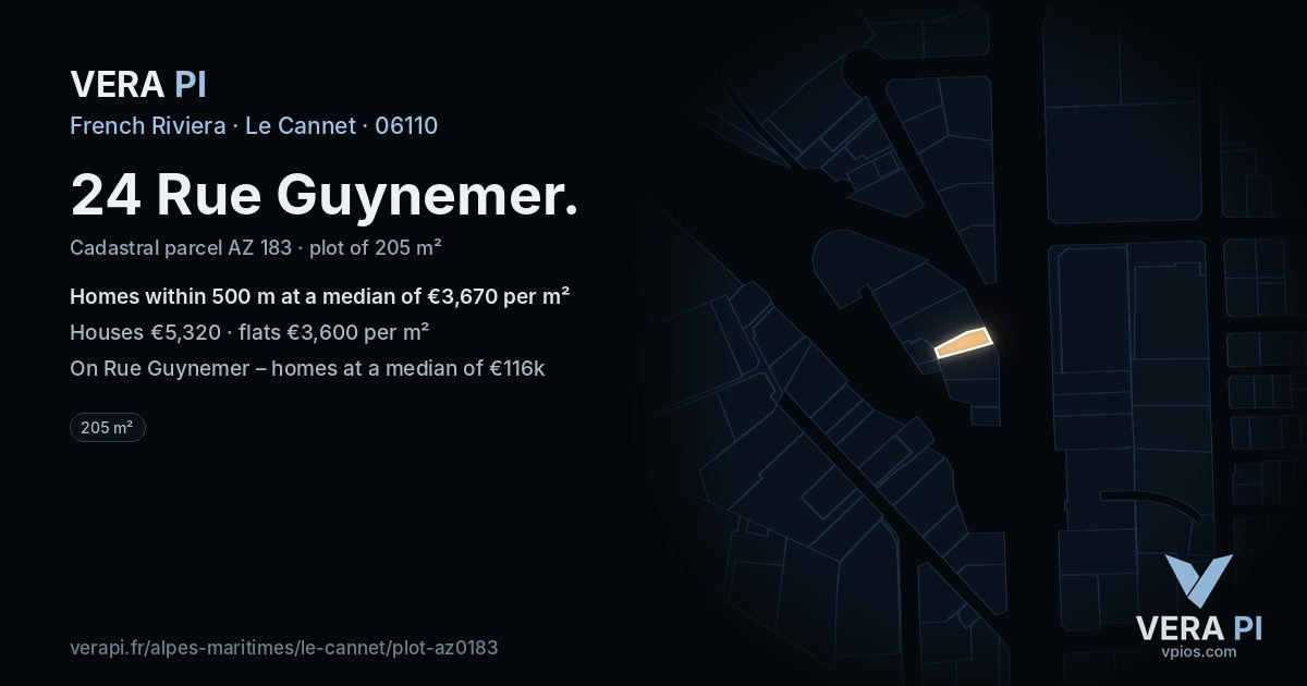 24 Rue Guynemer, Le Cannet at night – the plot lit, the parcels around coloured by the prices near them