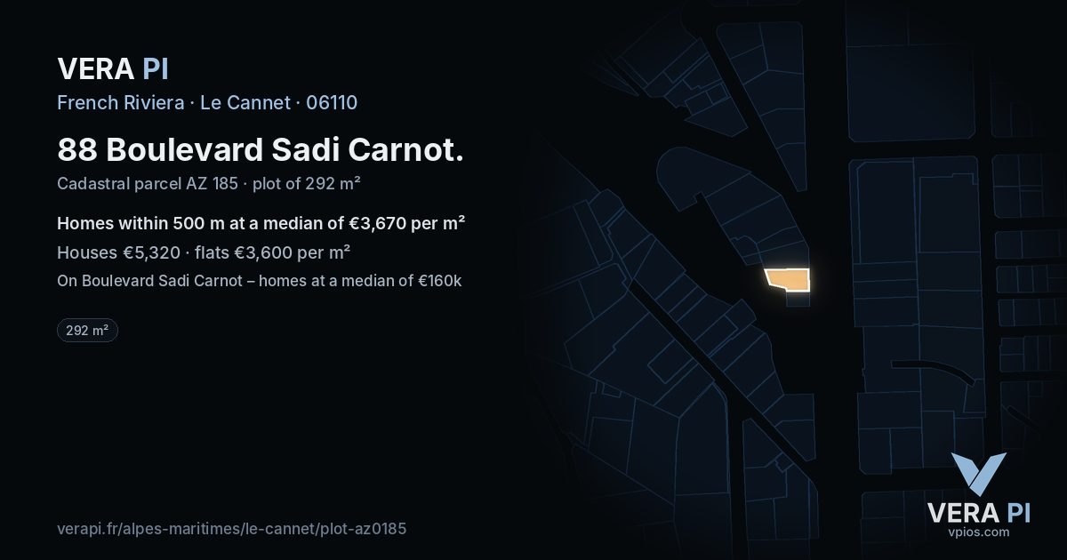 88 Boulevard Sadi Carnot, Le Cannet at night – the plot lit, the parcels around coloured by the prices near them