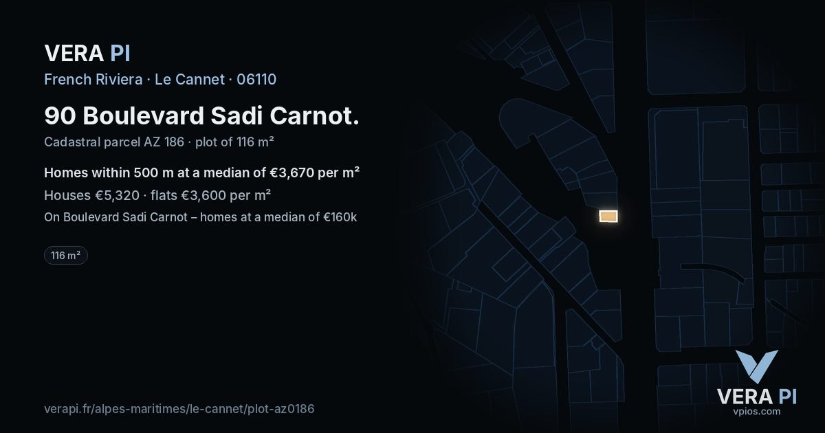 90 Boulevard Sadi Carnot, Le Cannet at night – the plot lit, the parcels around coloured by the prices near them