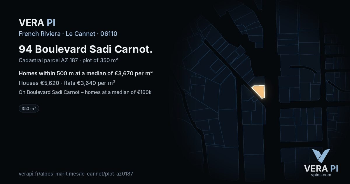 94 Boulevard Sadi Carnot, Le Cannet at night – the plot lit, the parcels around coloured by the prices near them