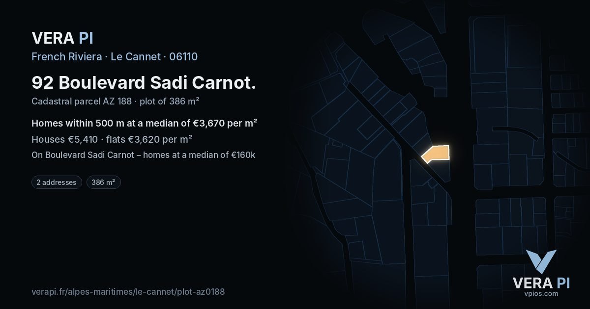 92 Boulevard Sadi Carnot, Le Cannet at night – the plot lit, the parcels around coloured by the prices near them