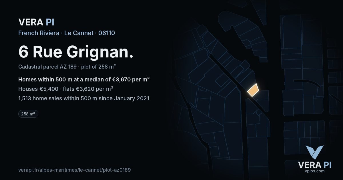 6 Rue Grignan, Le Cannet at night – the plot lit, the parcels around coloured by the prices near them