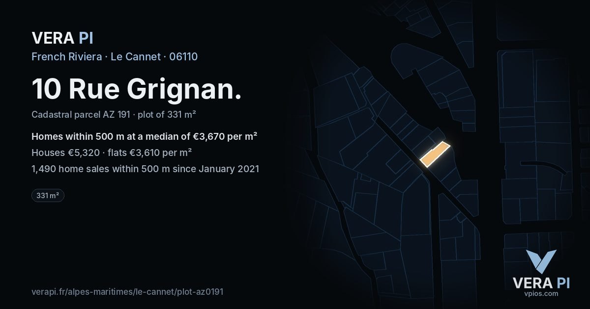 10 Rue Grignan, Le Cannet at night – the plot lit, the parcels around coloured by the prices near them