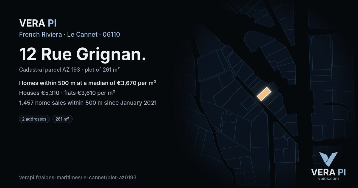 12 Rue Grignan, Le Cannet at night – the plot lit, the parcels around coloured by the prices near them