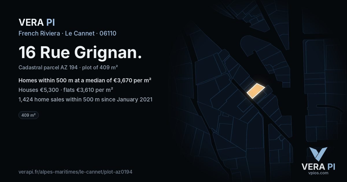 16 Rue Grignan, Le Cannet at night – the plot lit, the parcels around coloured by the prices near them
