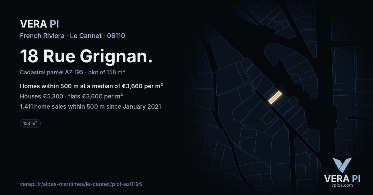 18 Rue Grignan, Le Cannet at night – the plot lit, the parcels around coloured by the prices near them