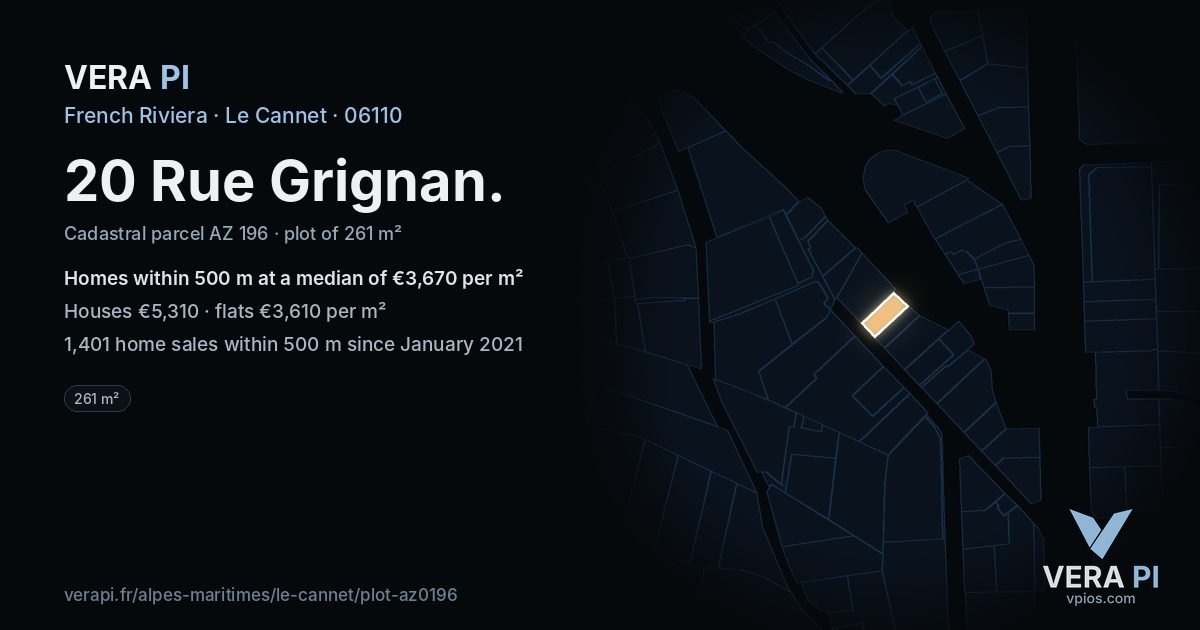20 Rue Grignan, Le Cannet at night – the plot lit, the parcels around coloured by the prices near them