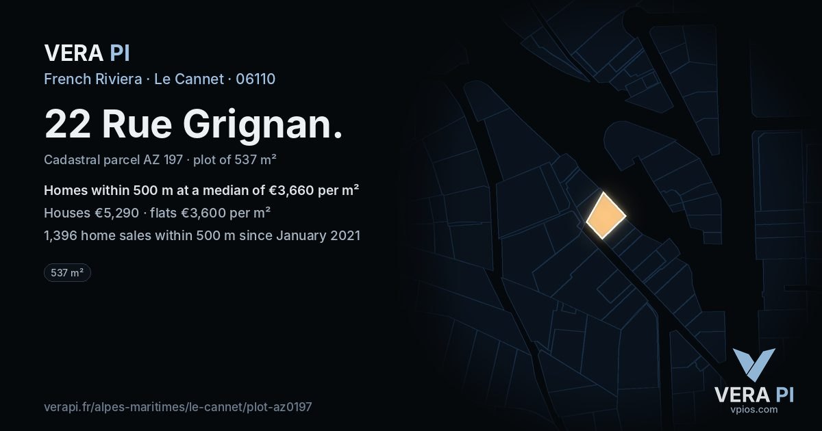 22 Rue Grignan, Le Cannet at night – the plot lit, the parcels around coloured by the prices near them