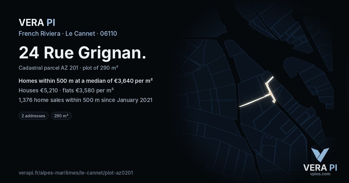 24 Rue Grignan, Le Cannet at night – the plot lit, the parcels around coloured by the prices near them