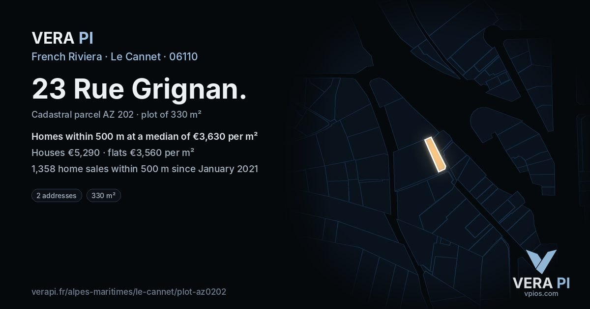23 Rue Grignan, Le Cannet at night – the plot lit, the parcels around coloured by the prices near them