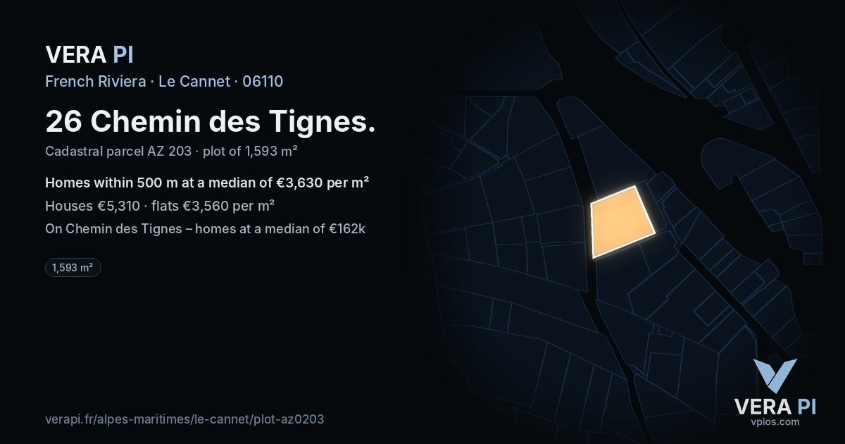 26 Chemin des Tignes, Le Cannet at night – the plot lit, the parcels around coloured by the prices near them