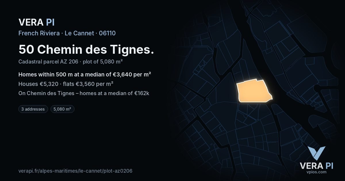 50 Chemin des Tignes, Le Cannet at night – the plot lit, the parcels around coloured by the prices near them