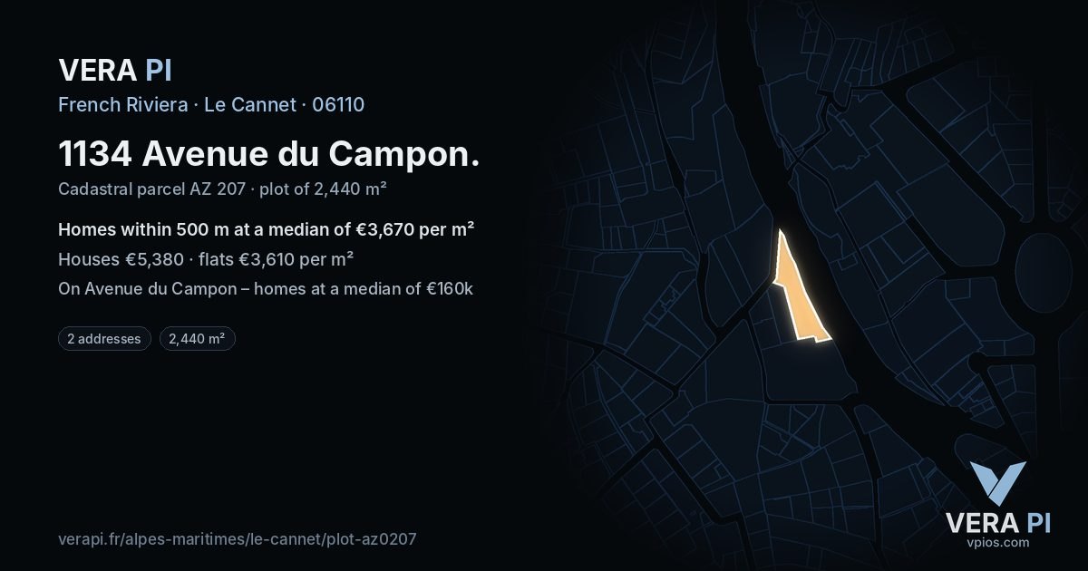 1134 Avenue du Campon, Le Cannet at night – the plot lit, the parcels around coloured by the prices near them