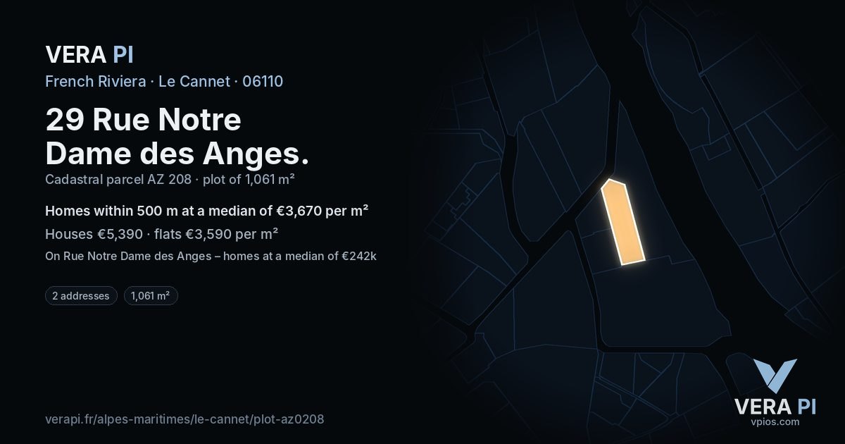 29 Rue Notre Dame des Anges, Le Cannet at night – the plot lit, the parcels around coloured by the prices near them