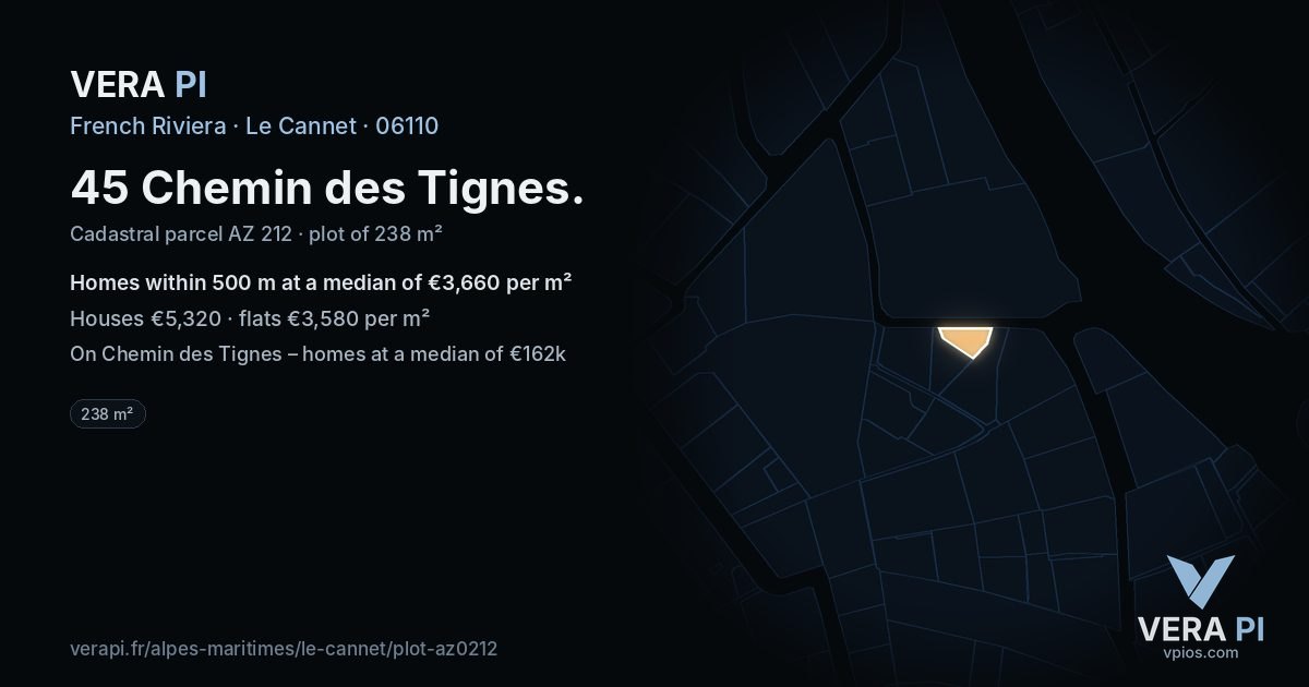 45 Chemin des Tignes, Le Cannet at night – the plot lit, the parcels around coloured by the prices near them