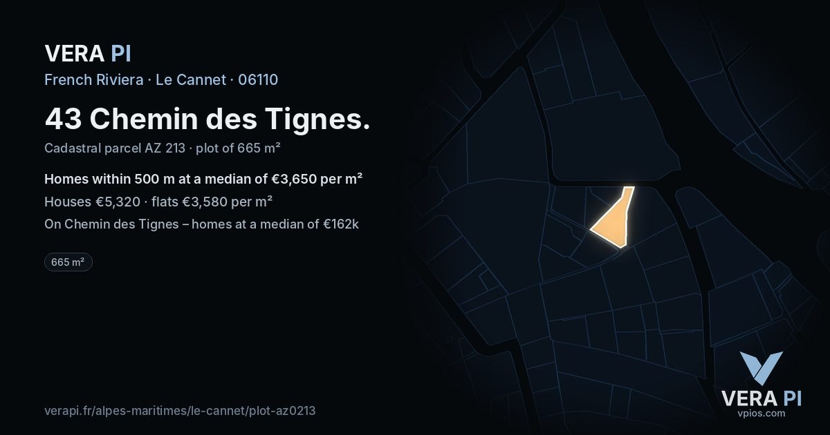 43 Chemin des Tignes, Le Cannet at night – the plot lit, the parcels around coloured by the prices near them