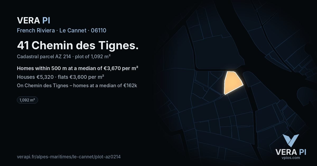 41 Chemin des Tignes, Le Cannet at night – the plot lit, the parcels around coloured by the prices near them