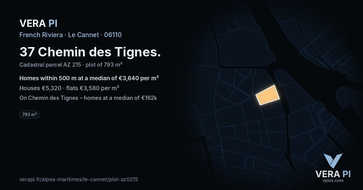 37 Chemin des Tignes, Le Cannet at night – the plot lit, the parcels around coloured by the prices near them