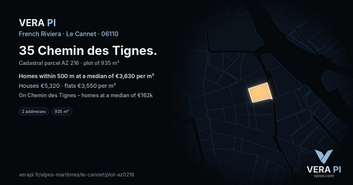 35 Chemin des Tignes, Le Cannet at night – the plot lit, the parcels around coloured by the prices near them