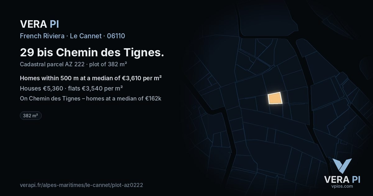 29 bis Chemin des Tignes, Le Cannet at night – the plot lit, the parcels around coloured by the prices near them