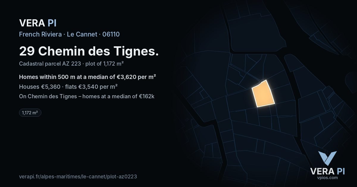 29 Chemin des Tignes, Le Cannet at night – the plot lit, the parcels around coloured by the prices near them