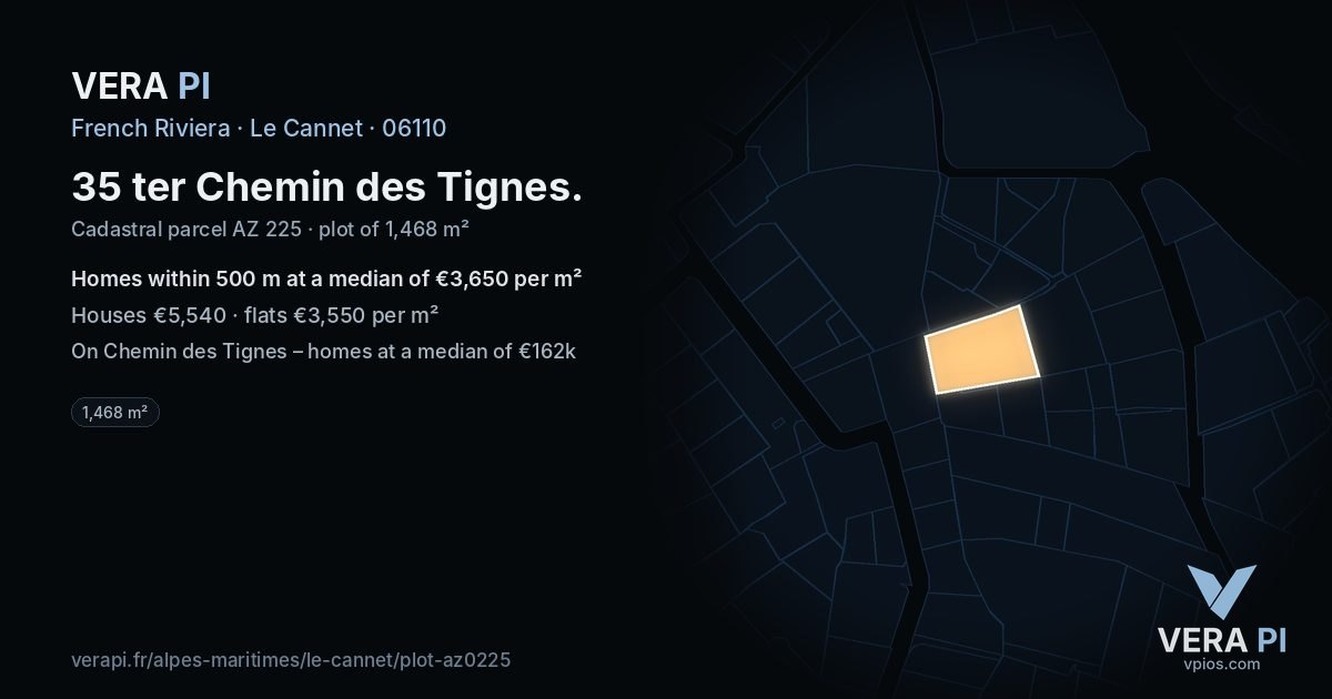 35 ter Chemin des Tignes, Le Cannet at night – the plot lit, the parcels around coloured by the prices near them