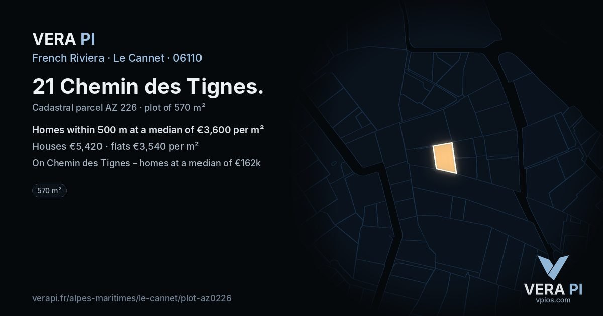 21 Chemin des Tignes, Le Cannet at night – the plot lit, the parcels around coloured by the prices near them