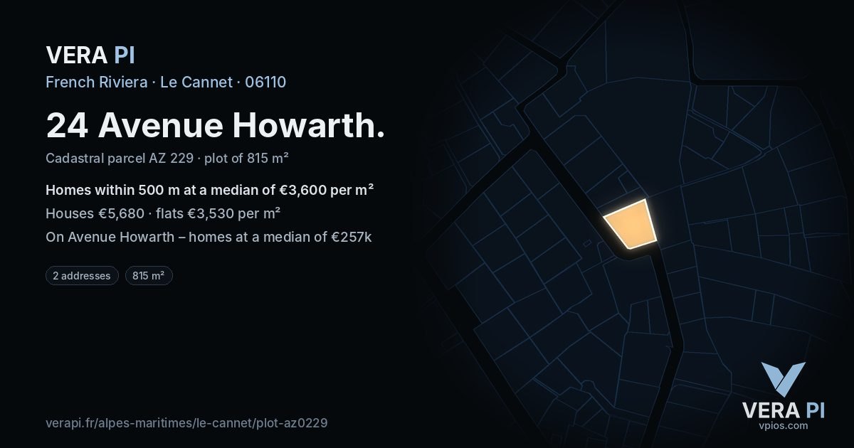 24 Avenue Howarth, Le Cannet at night – the plot lit, the parcels around coloured by the prices near them
