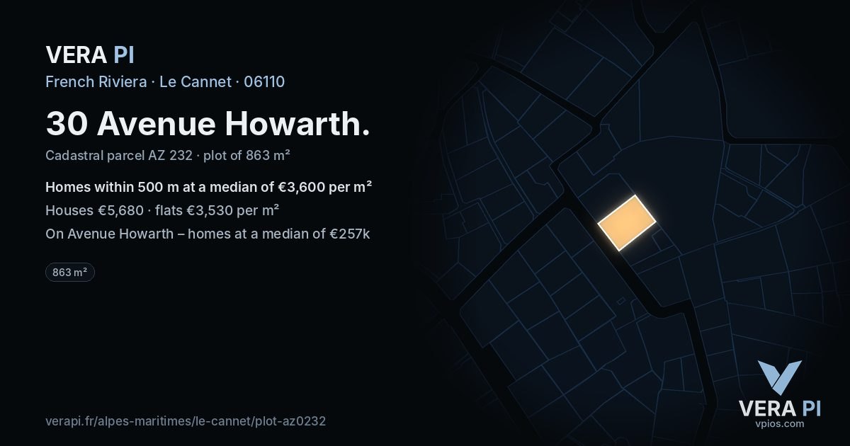 30 Avenue Howarth, Le Cannet at night – the plot lit, the parcels around coloured by the prices near them
