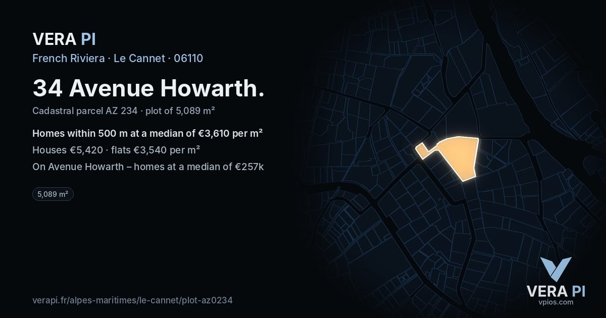 34 Avenue Howarth, Le Cannet at night – the plot lit, the parcels around coloured by the prices near them