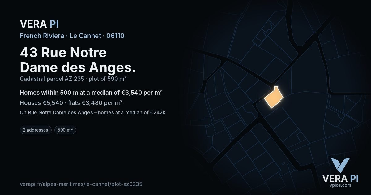 43 Rue Notre Dame des Anges, Le Cannet at night – the plot lit, the parcels around coloured by the prices near them