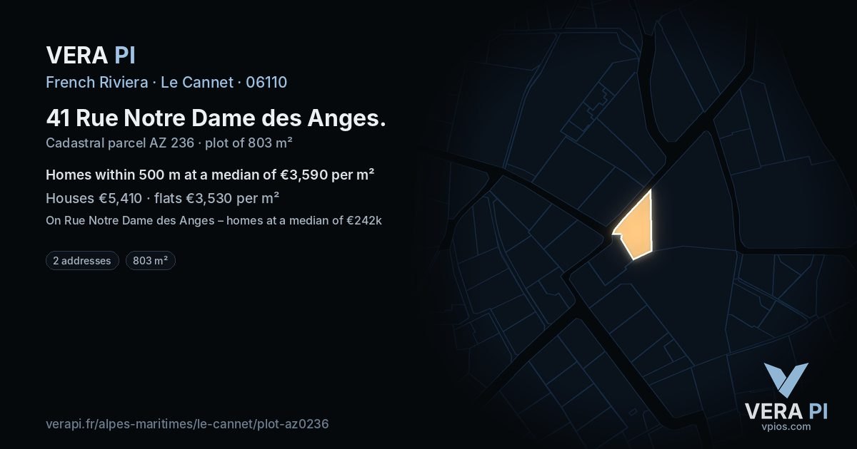 41 Rue Notre Dame des Anges, Le Cannet at night – the plot lit, the parcels around coloured by the prices near them