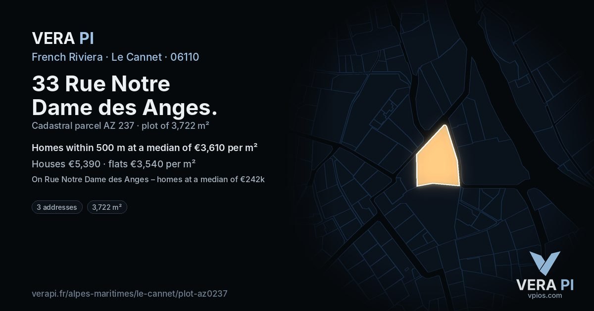 33 Rue Notre Dame des Anges, Le Cannet at night – the plot lit, the parcels around coloured by the prices near them
