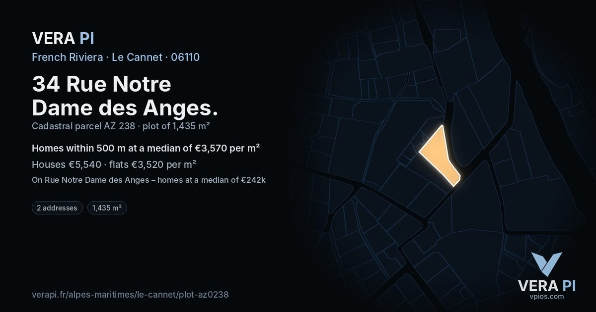 34 Rue Notre Dame des Anges, Le Cannet at night – the plot lit, the parcels around coloured by the prices near them