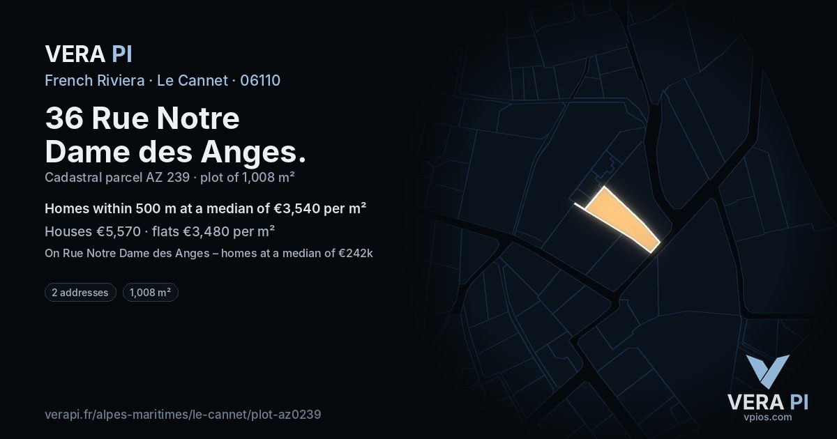 36 Rue Notre Dame des Anges, Le Cannet at night – the plot lit, the parcels around coloured by the prices near them