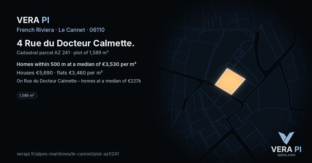 4 Rue du Docteur Calmette, Le Cannet at night – the plot lit, the parcels around coloured by the prices near them