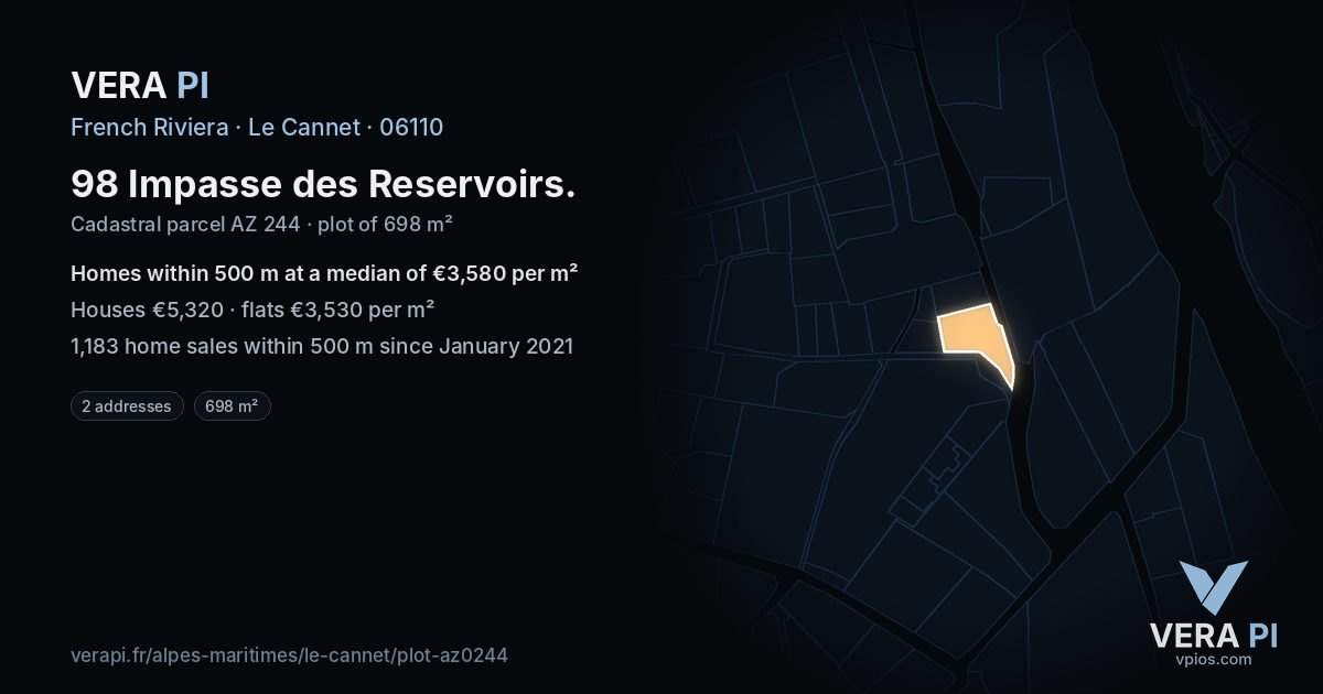 98 Impasse des Reservoirs, Le Cannet at night – the plot lit, the parcels around coloured by the prices near them