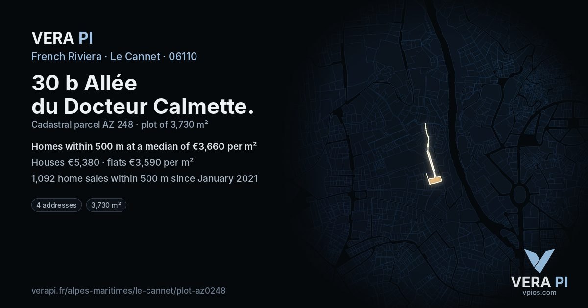 30 b Allée du Docteur Calmette, Le Cannet at night – the plot lit, the parcels around coloured by the prices near them