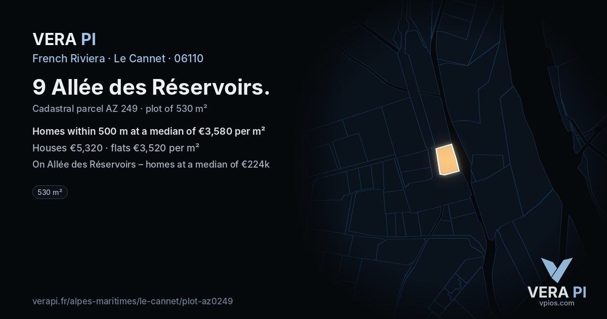 9 Allée des Réservoirs, Le Cannet at night – the plot lit, the parcels around coloured by the prices near them