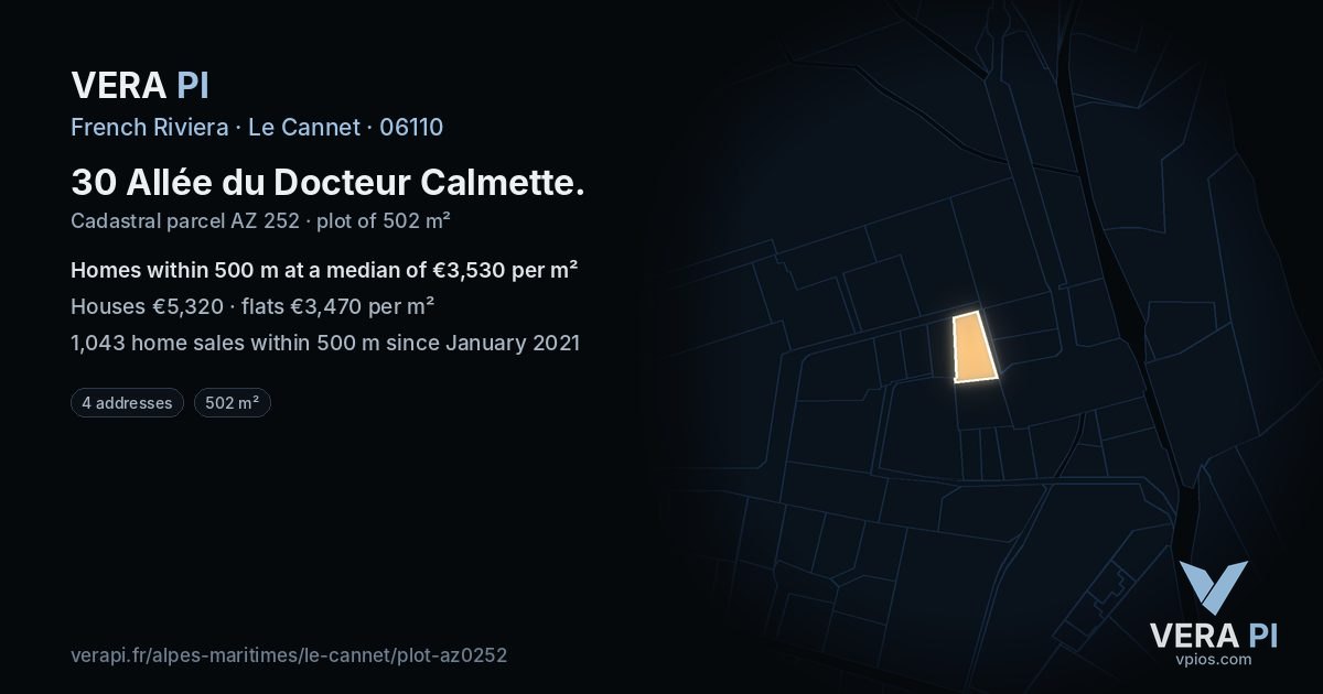 30 Allée du Docteur Calmette, Le Cannet at night – the plot lit, the parcels around coloured by the prices near them