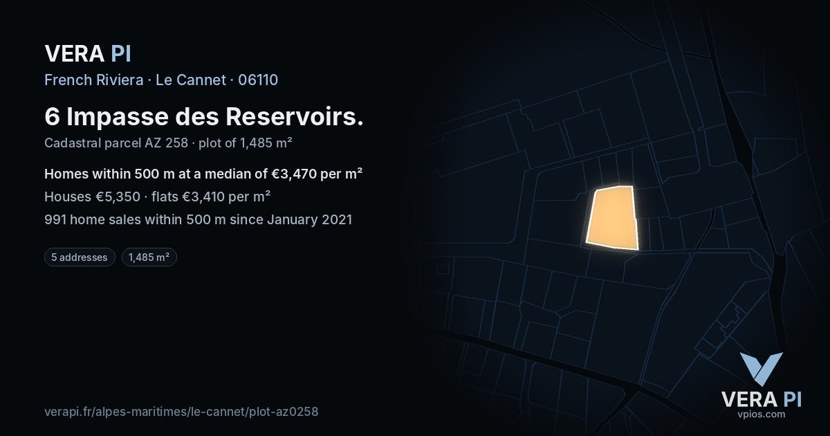 6 Impasse des Reservoirs, Le Cannet at night – the plot lit, the parcels around coloured by the prices near them