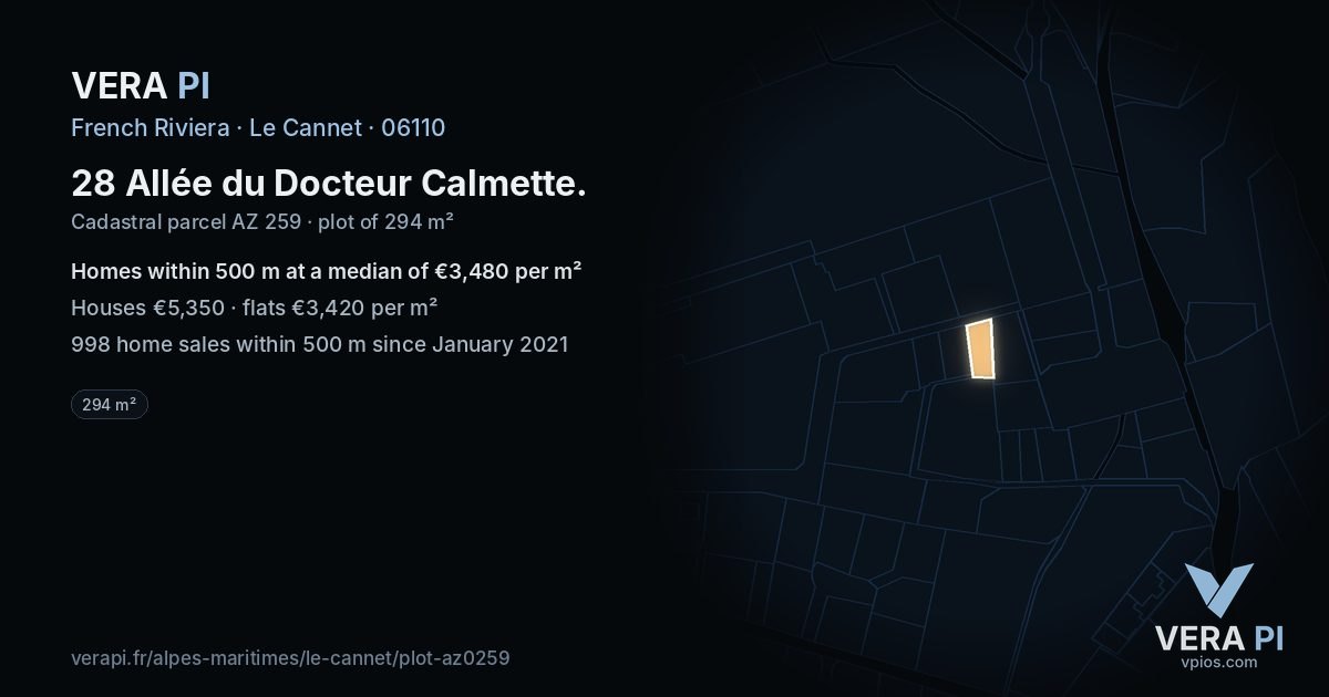 28 Allée du Docteur Calmette, Le Cannet at night – the plot lit, the parcels around coloured by the prices near them